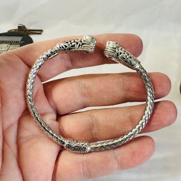 Sterling Silver 925 Mystic Topaz Hinged Bangle Bracelet Pierced Scroll Design - Picture 3 of 8